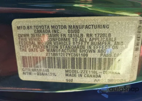 2000 Toyota Corolla Ve из США, поврежденный, VIN 2T1BR12E7YC361109